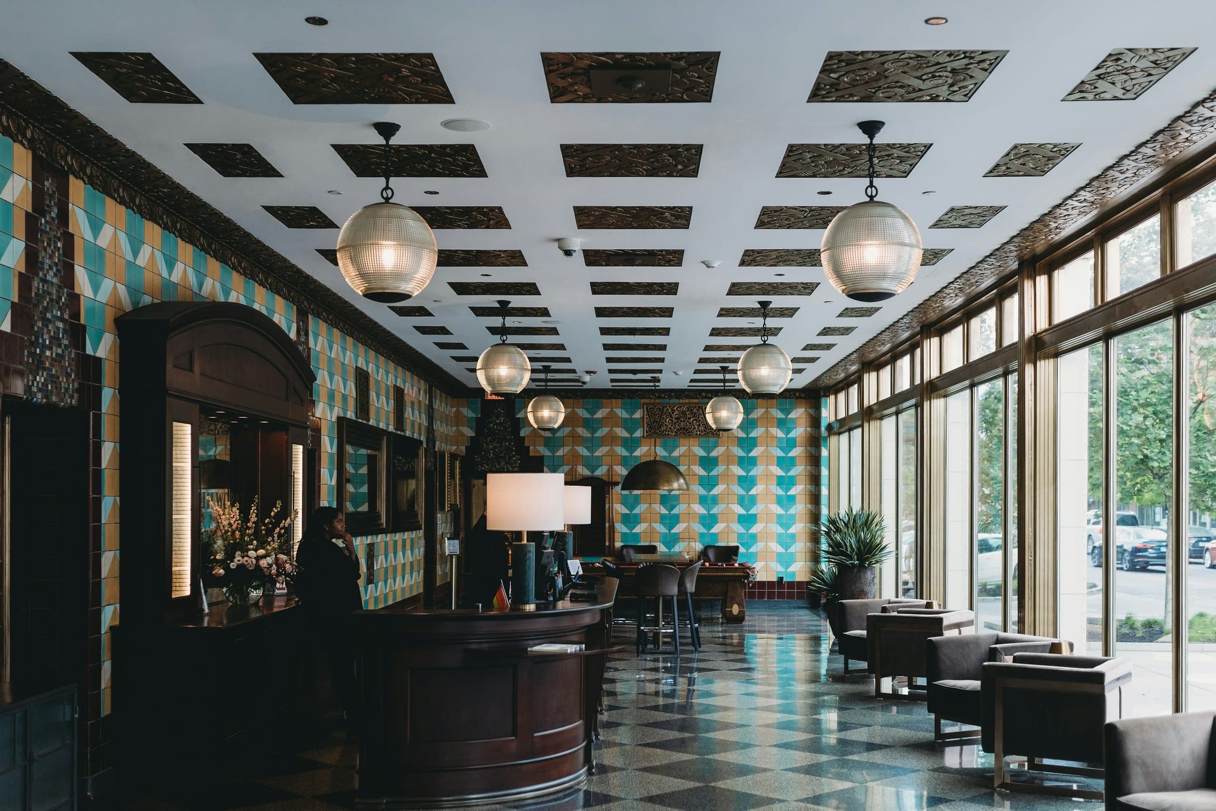 Restaurant bar with a checkered floor